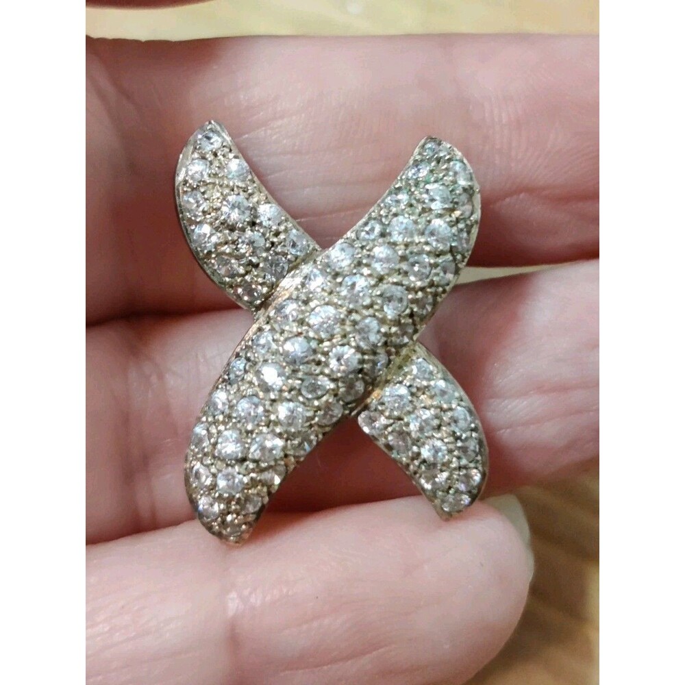 Vtg Large 1" Gold Over 925 Sterling Silver Pave Cubic Zirconia X Kiss Pendant